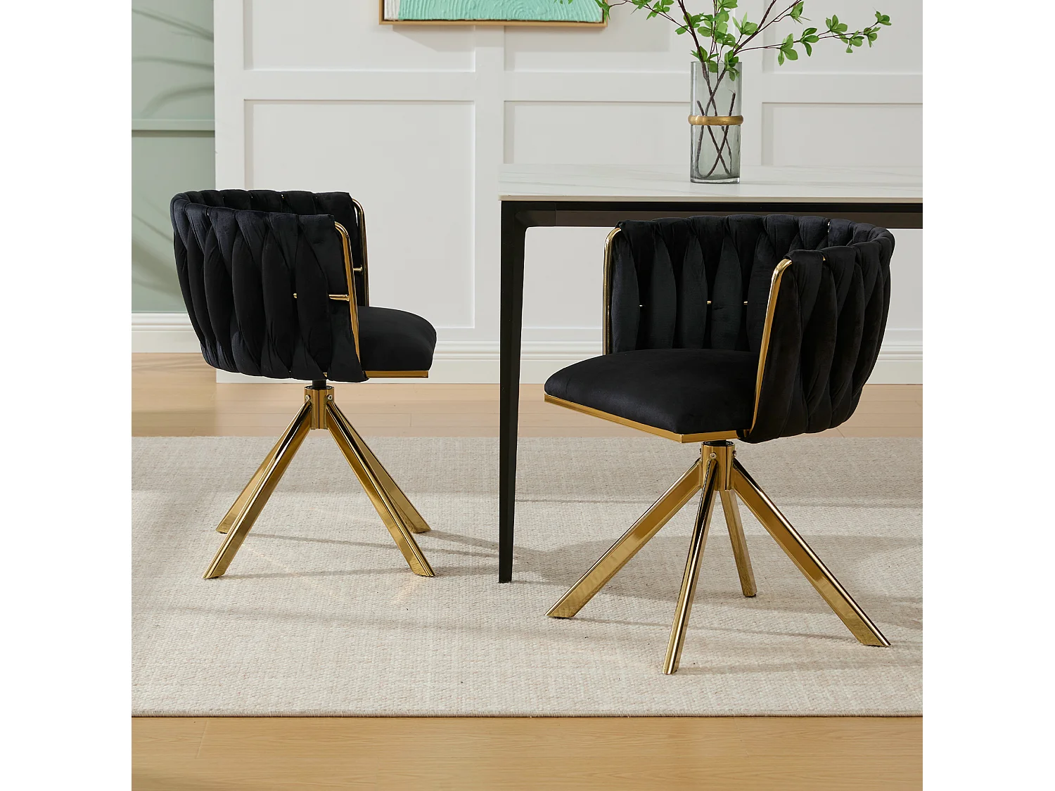 Set di 2 sedie con struttura in metallo - 56 x 50 x 70 cm - rotazione 180° - gambe dorate - velluto - nero