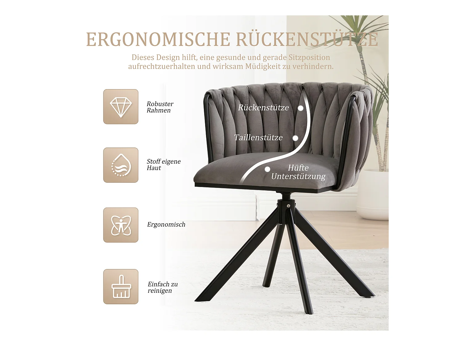 Lot de 2 chaises avec structure en métal - 56 x 50 x 70 cm - rotation à 180°- pieds noirs - velours - gris