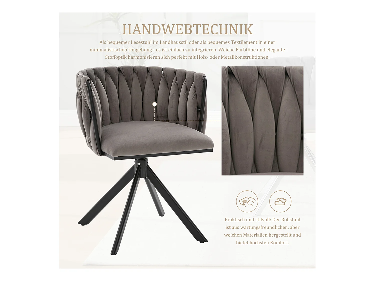 Lot de 2 chaises avec structure en métal - 56 x 50 x 70 cm - rotation à 180°- pieds noirs - velours - gris