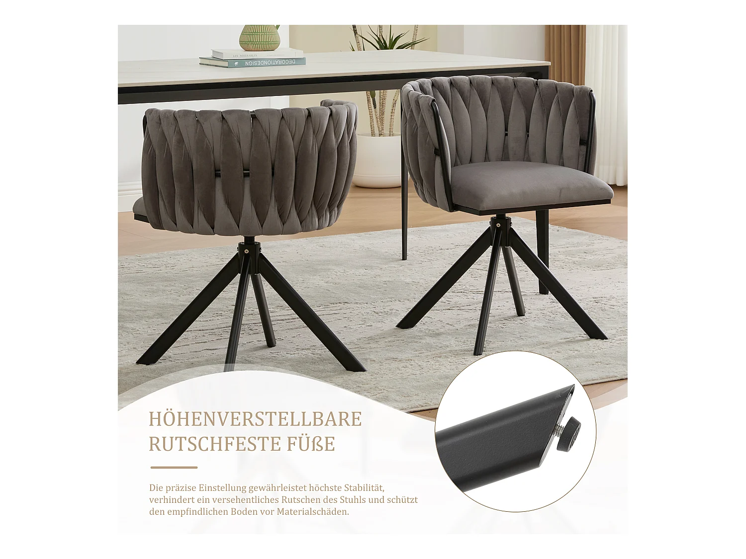 Lot de 2 chaises avec structure en métal - 56 x 50 x 70 cm - rotation à 180°- pieds noirs - velours - gris