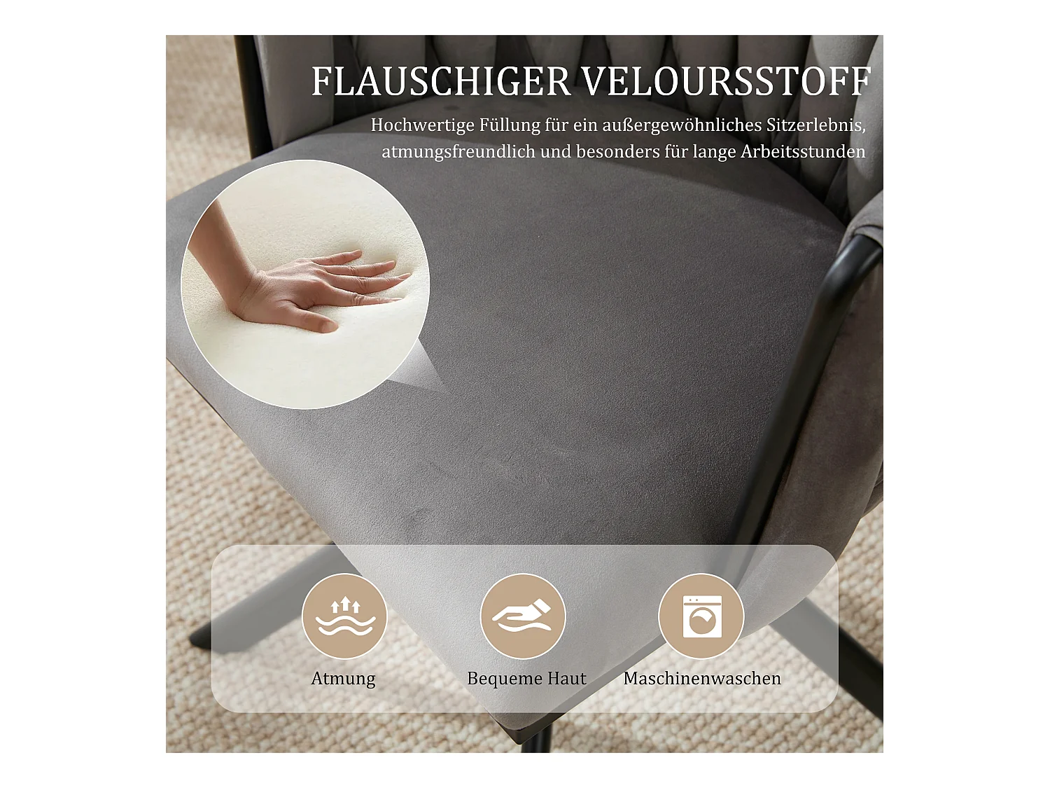 Lot de 2 chaises avec structure en métal - 56 x 50 x 70 cm - rotation à 180°- pieds noirs - velours - gris