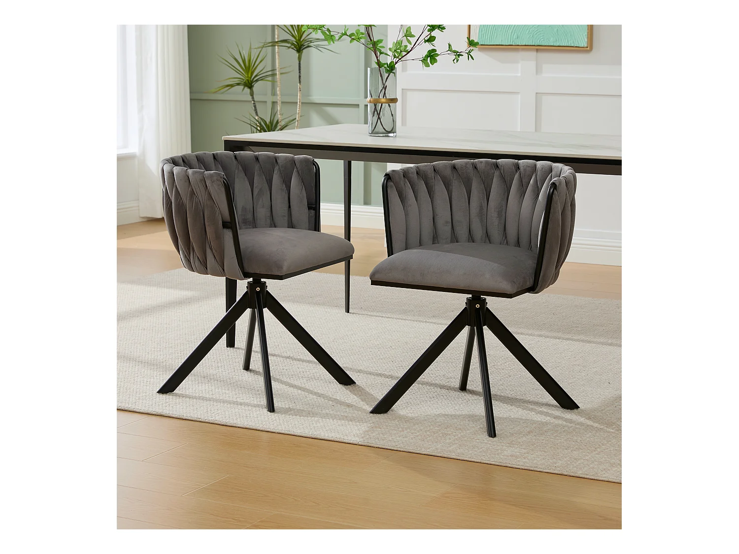 Lot de 2 chaises avec structure en métal - 56 x 50 x 70 cm - rotation à 180°- pieds noirs - velours - gris