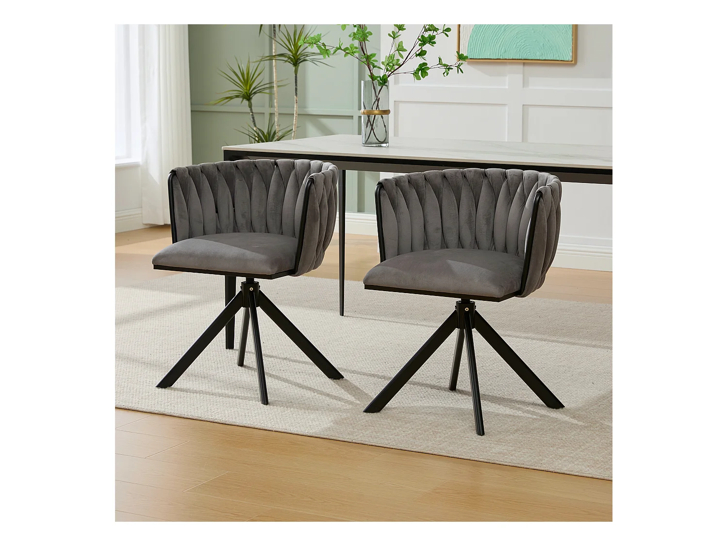 Lot de 2 chaises avec structure en métal - 56 x 50 x 70 cm - rotation à 180°- pieds noirs - velours - gris