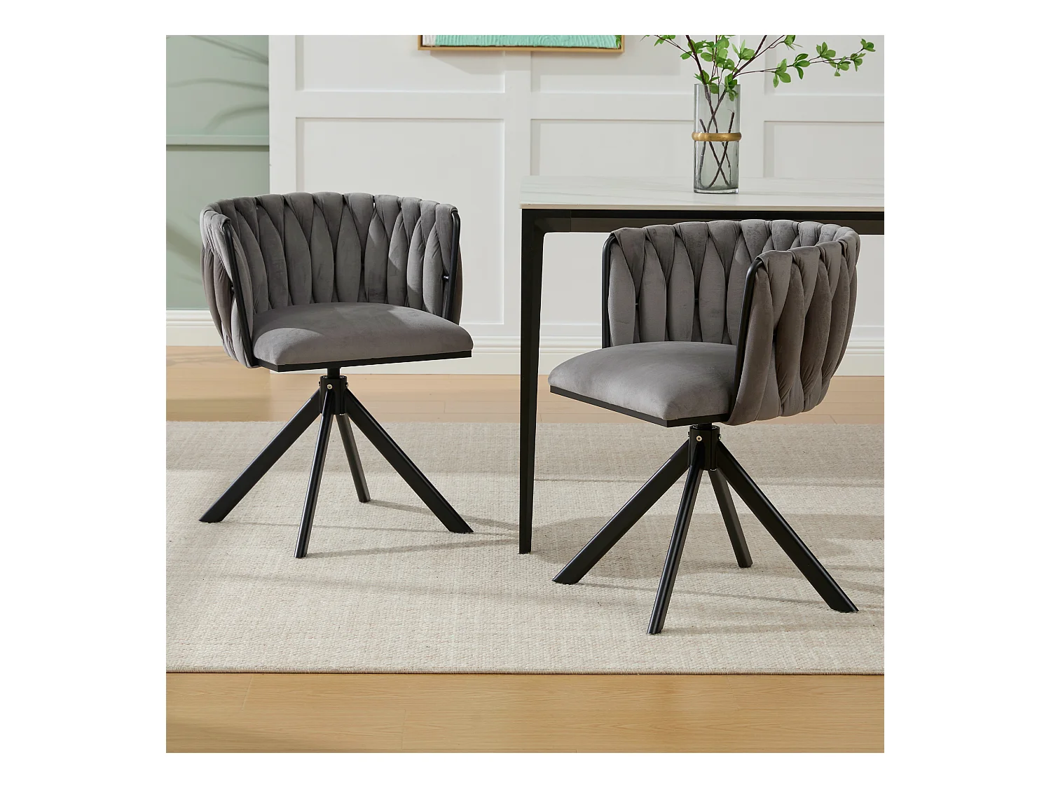 Lot de 2 chaises avec structure en métal - 56 x 50 x 70 cm - rotation à 180°- pieds noirs - velours - gris