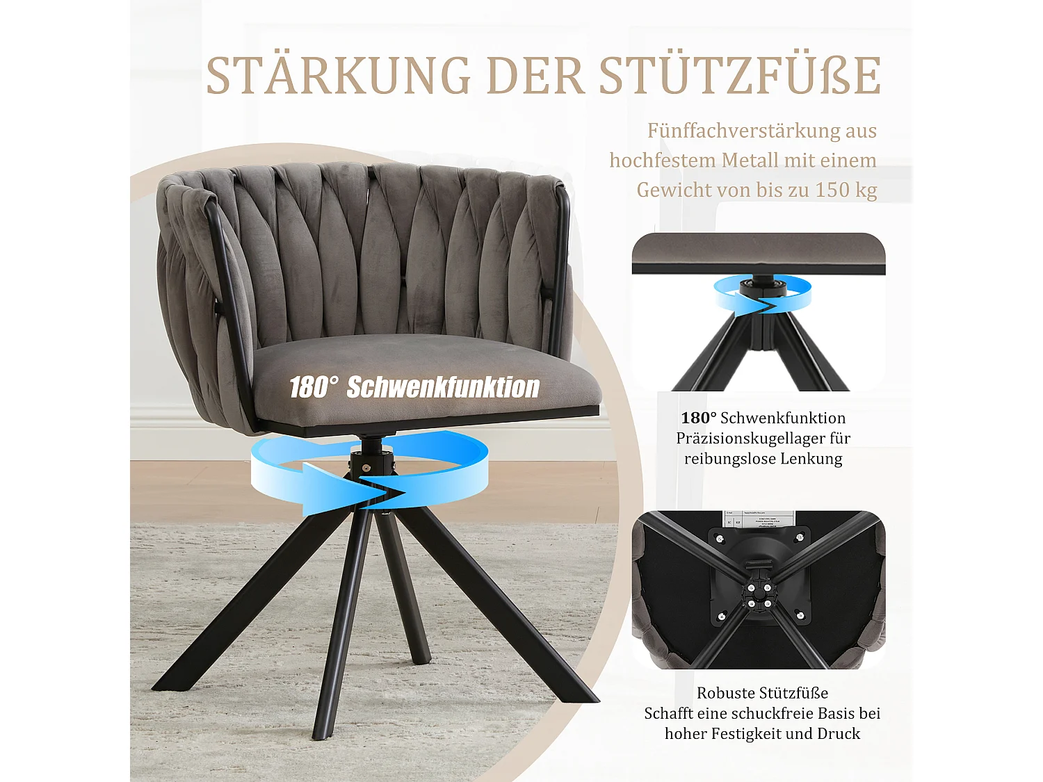 Set di 2 sedie con struttura in metallo - 56 x 50 x 70 cm - rotazione 180° - gambe nere - velluto - grigio