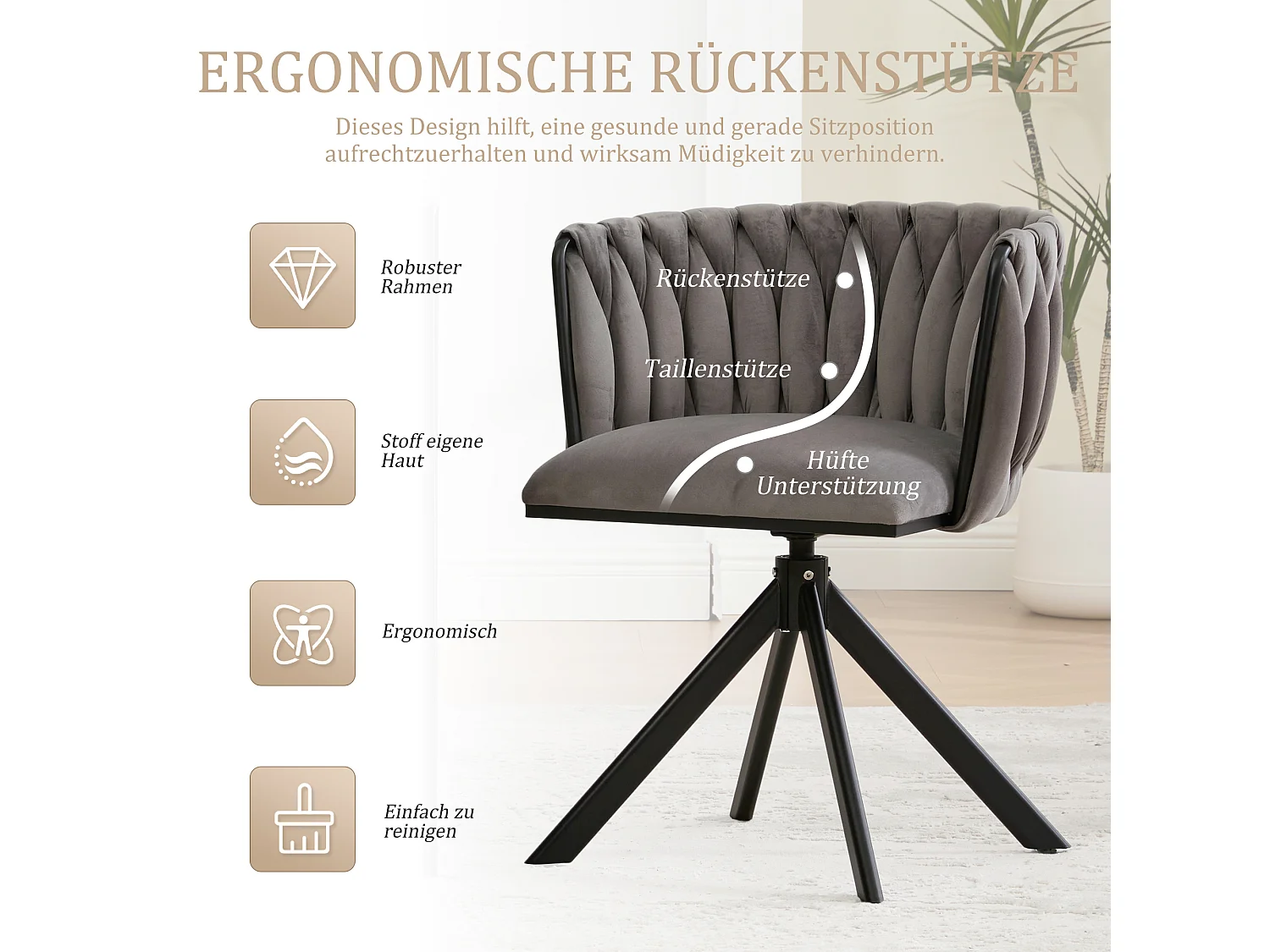 Set di 2 sedie con struttura in metallo - 56 x 50 x 70 cm - rotazione 180° - gambe nere - velluto - grigio