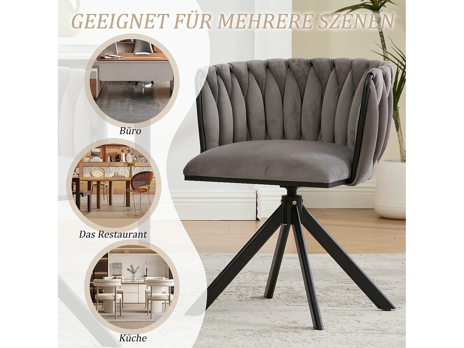 Set di 2 sedie con struttura in metallo - 56 x 50 x 70 cm - rotazione 180° - gambe nere - velluto - grigio