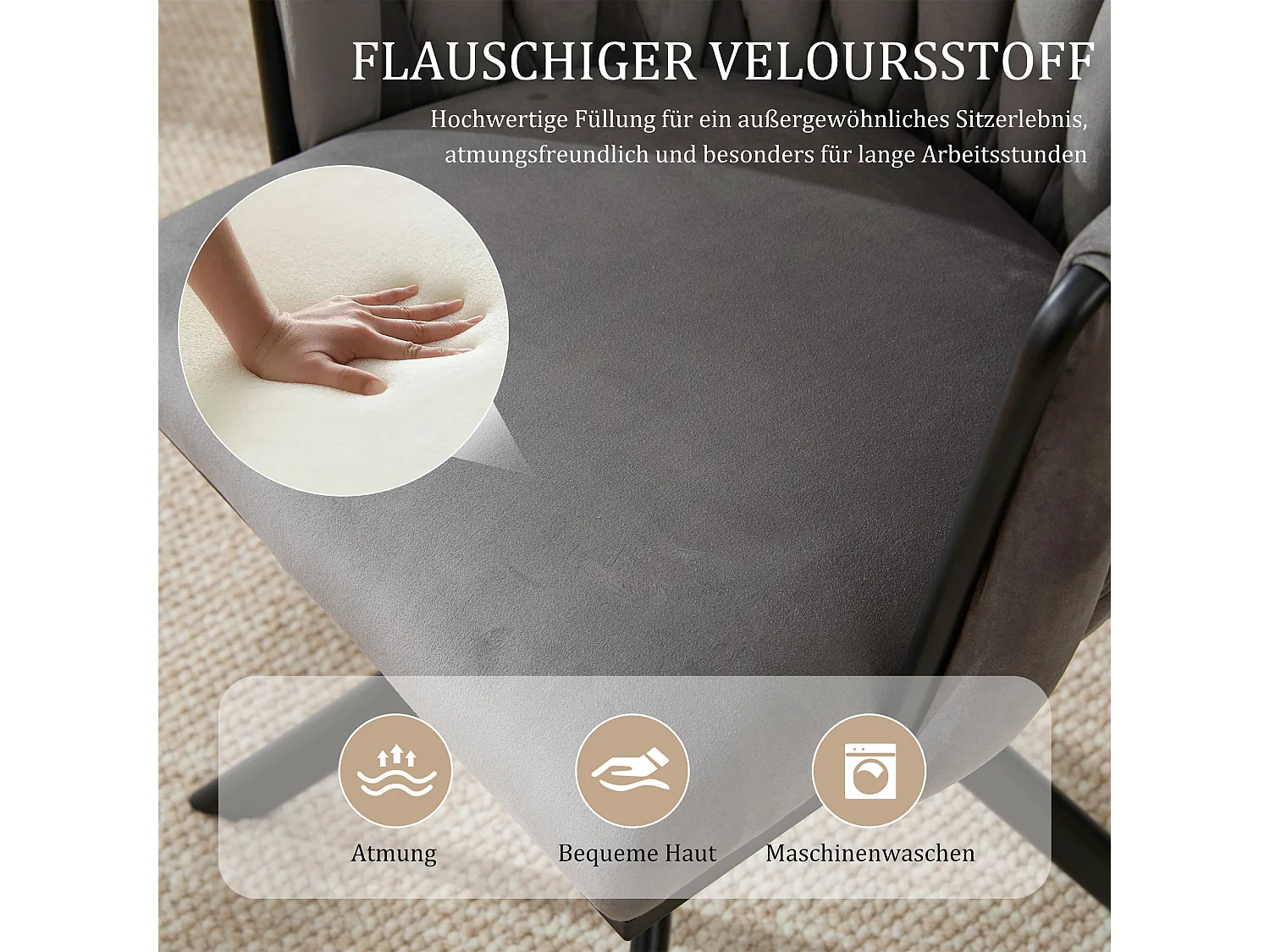 Set di 2 sedie con struttura in metallo - 56 x 50 x 70 cm - rotazione 180° - gambe nere - velluto - grigio