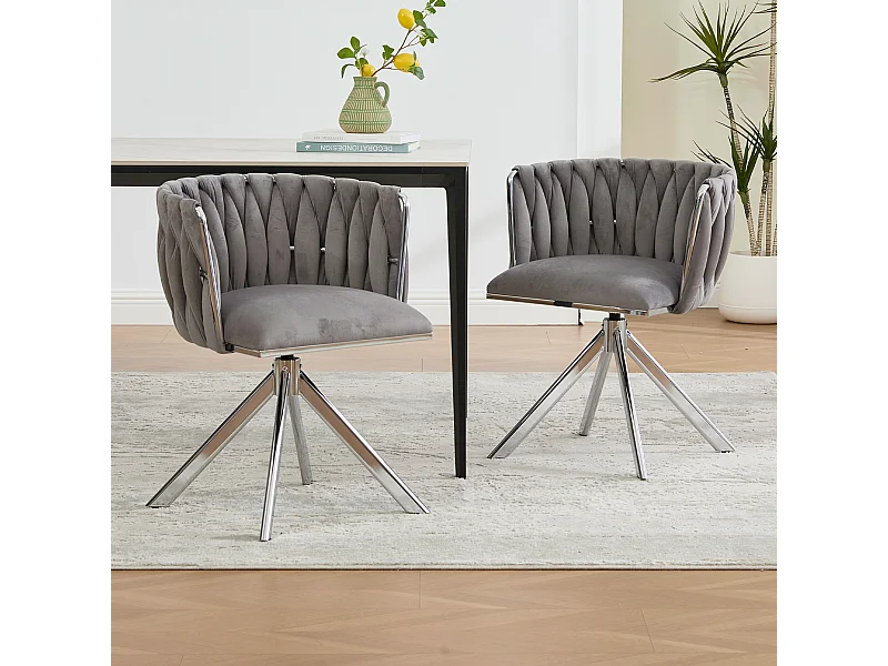 Lot de 2 chaises avec structure en métal - 56 x 50 x 70 cm - rotation à 180°- pieds argentés - velours - gris