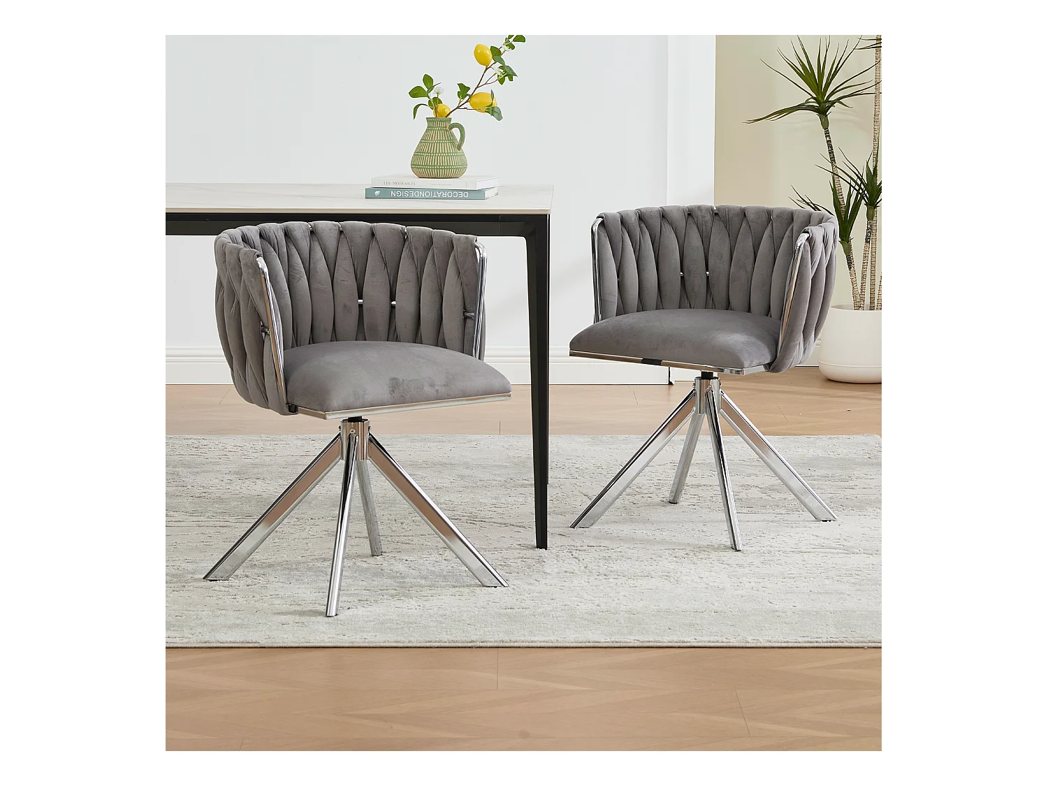 Lot de 2 chaises avec structure en métal - 56 x 50 x 70 cm - rotation à 180°- pieds argentés - velours - gris