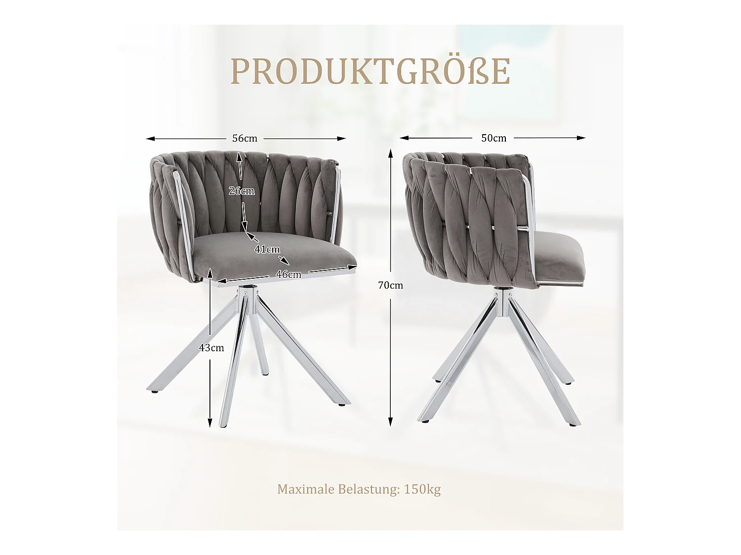 Lot de 2 chaises avec structure en métal - 56 x 50 x 70 cm - rotation à 180°- pieds argentés - velours - gris
