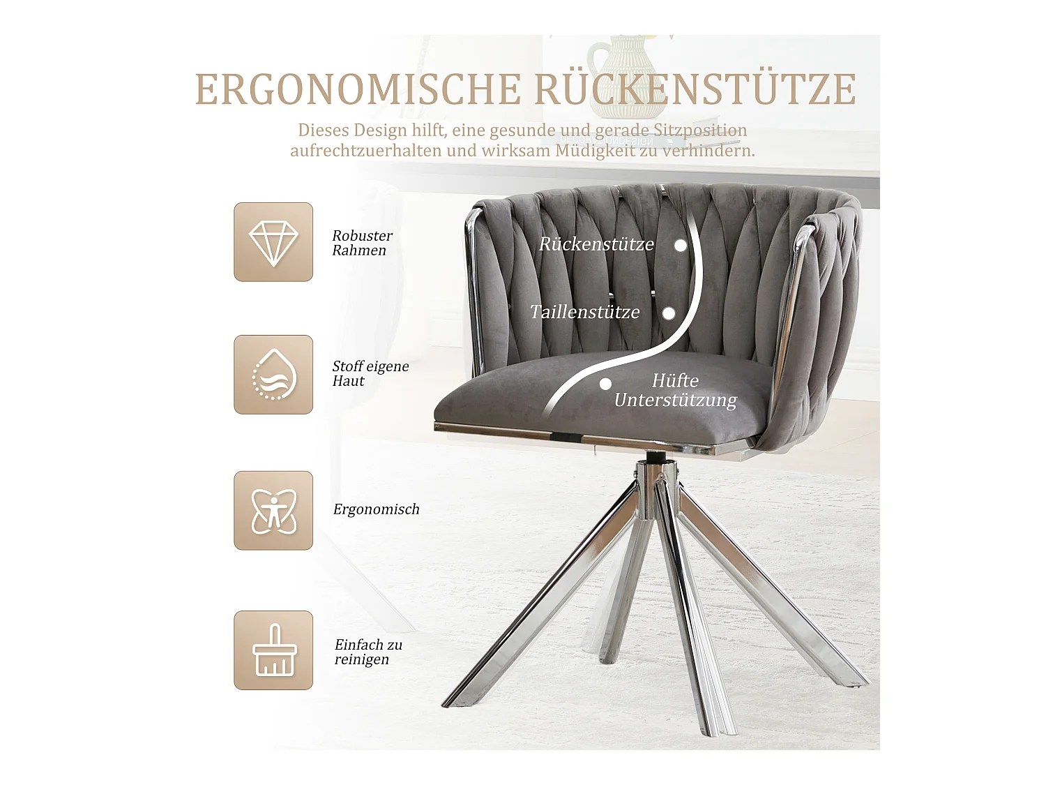 Lot de 2 chaises avec structure en métal - 56 x 50 x 70 cm - rotation à 180°- pieds argentés - velours - gris