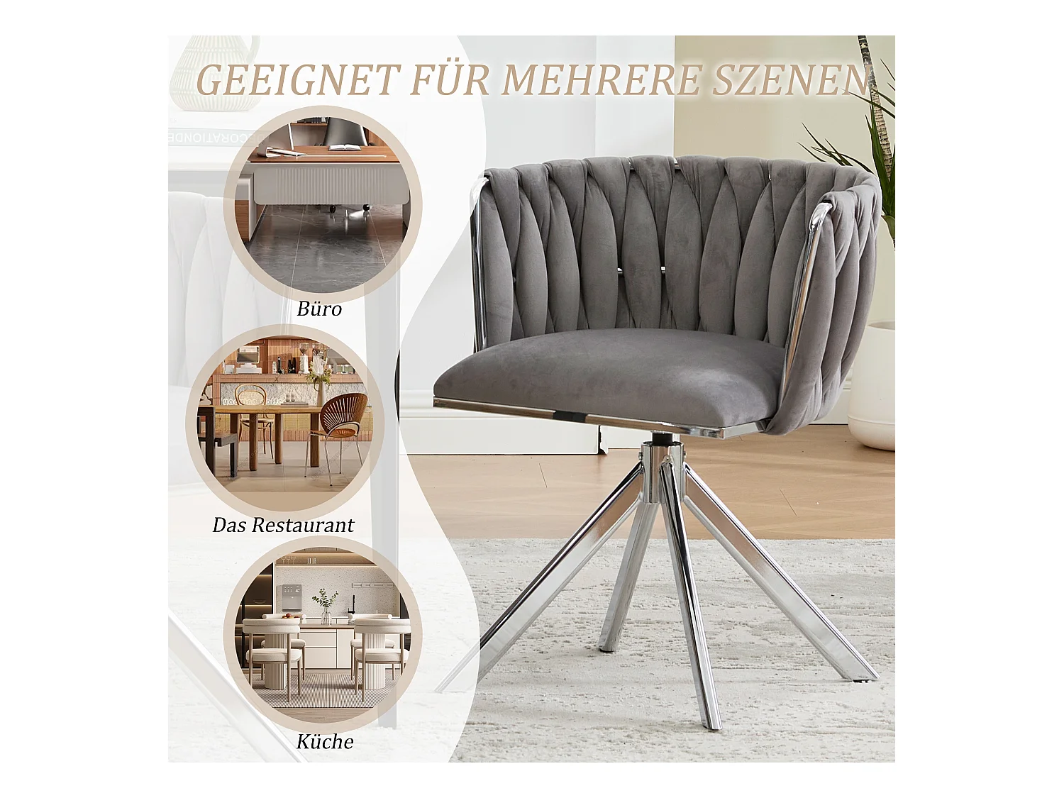 Lot de 2 chaises avec structure en métal - 56 x 50 x 70 cm - rotation à 180°- pieds argentés - velours - gris