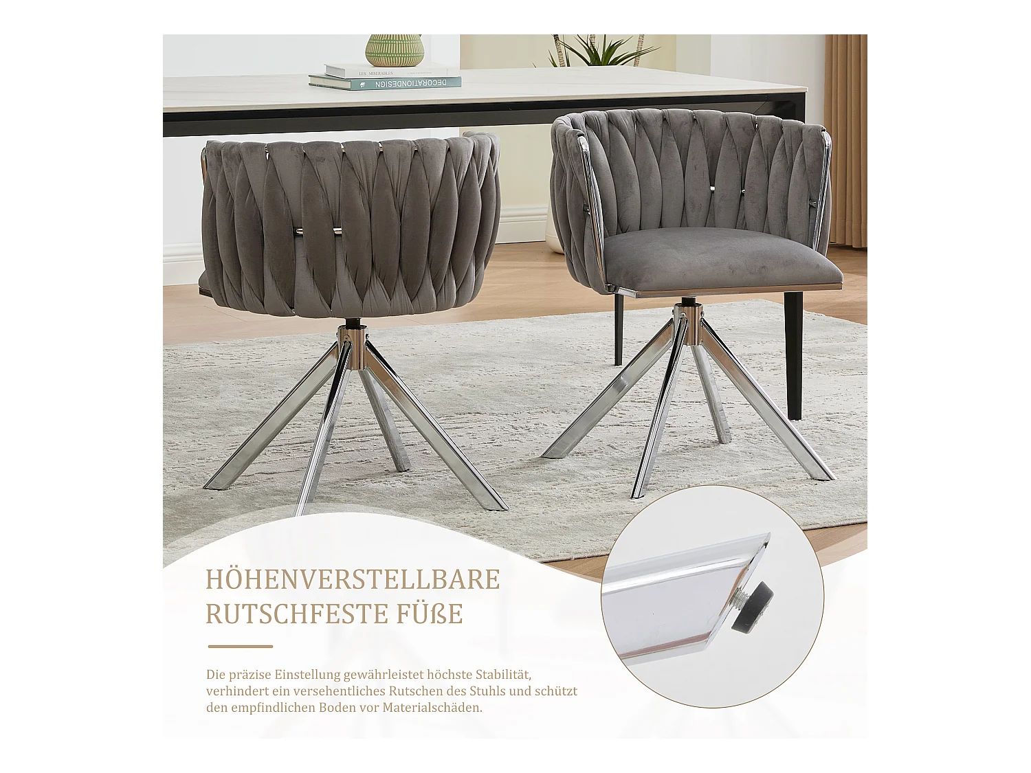 Lot de 2 chaises avec structure en métal - 56 x 50 x 70 cm - rotation à 180°- pieds argentés - velours - gris