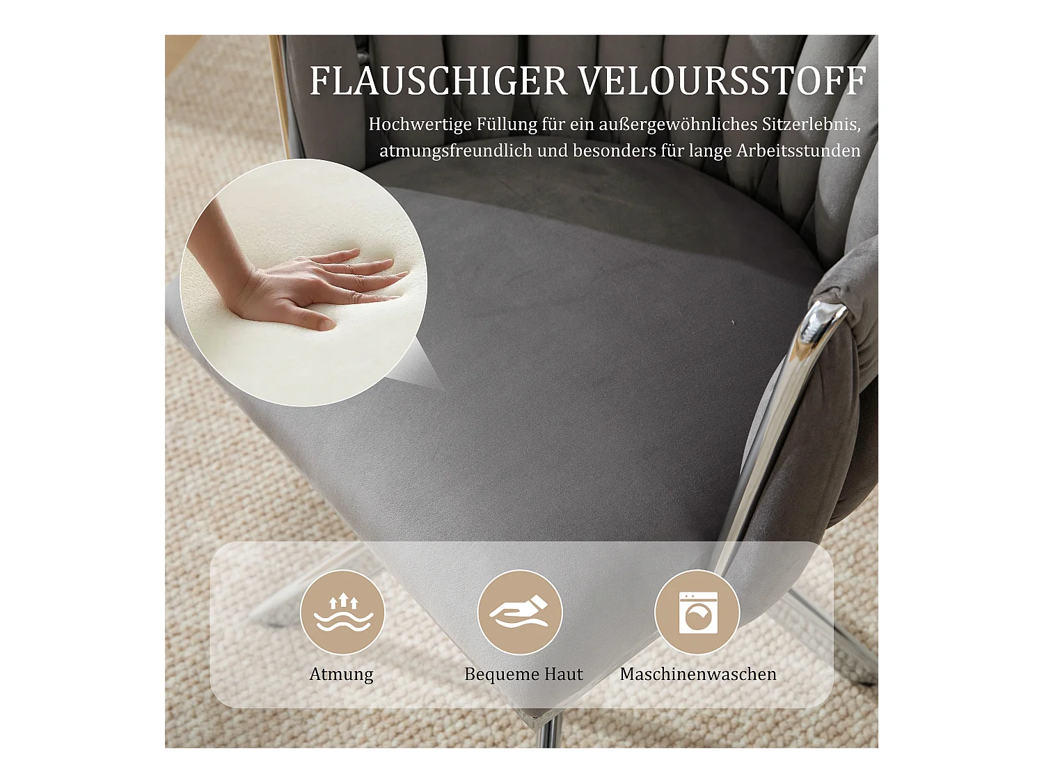 Lot de 2 chaises avec structure en métal - 56 x 50 x 70 cm - rotation à 180°- pieds argentés - velours - gris