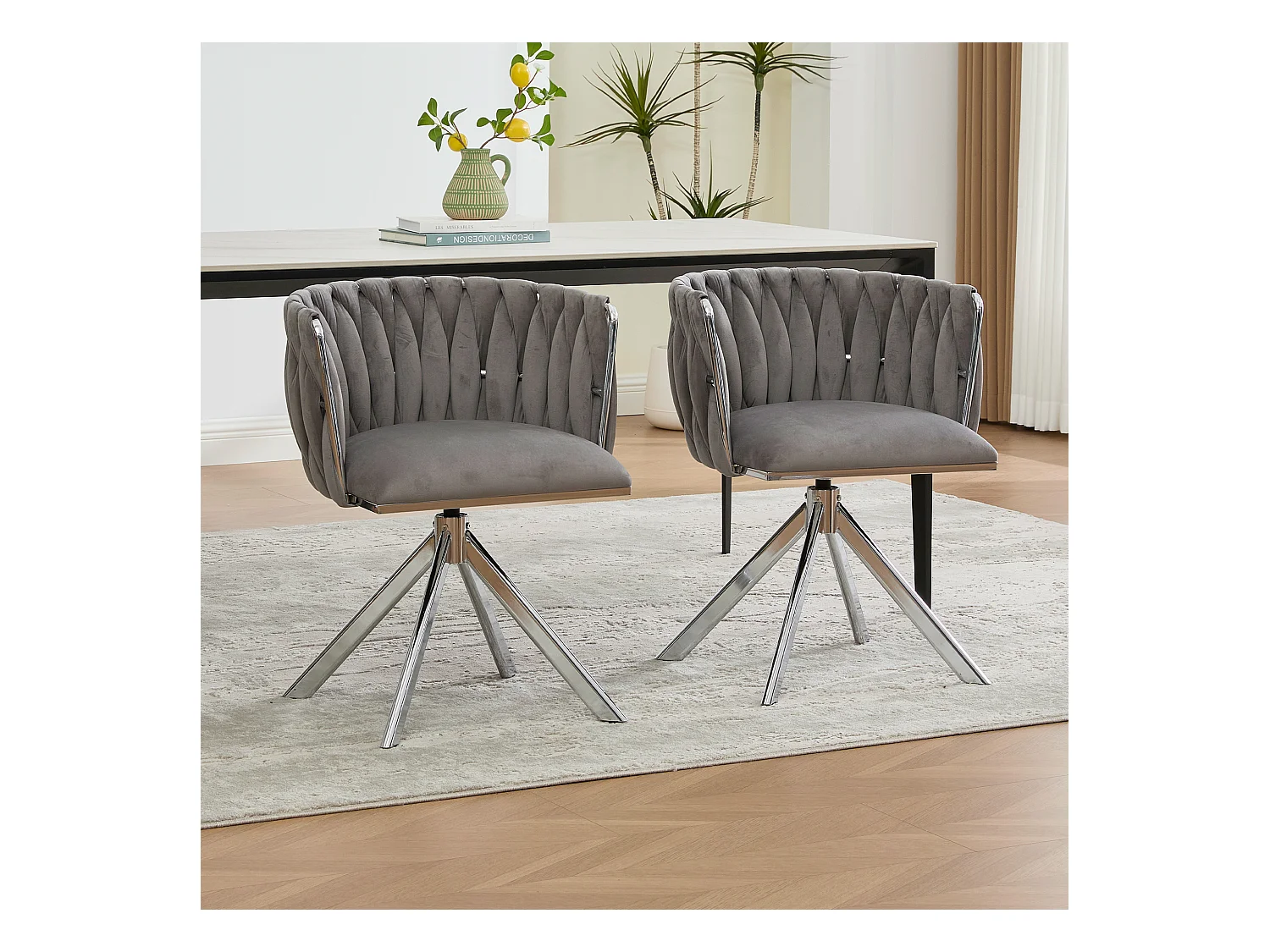 Lot de 2 chaises avec structure en métal - 56 x 50 x 70 cm - rotation à 180°- pieds argentés - velours - gris