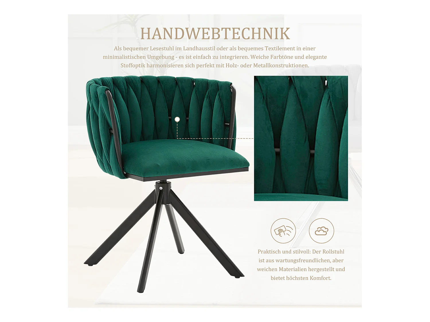 Lot de 2 chaises avec structure en métal - 56 x 50 x 70 cm - rotation à 180°- pieds noirs - velours - vert