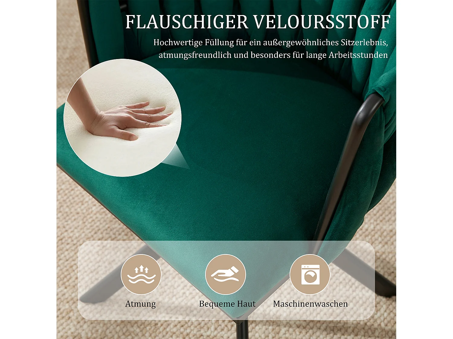 Lot de 2 chaises avec structure en métal - 56 x 50 x 70 cm - rotation à 180°- pieds noirs - velours - vert