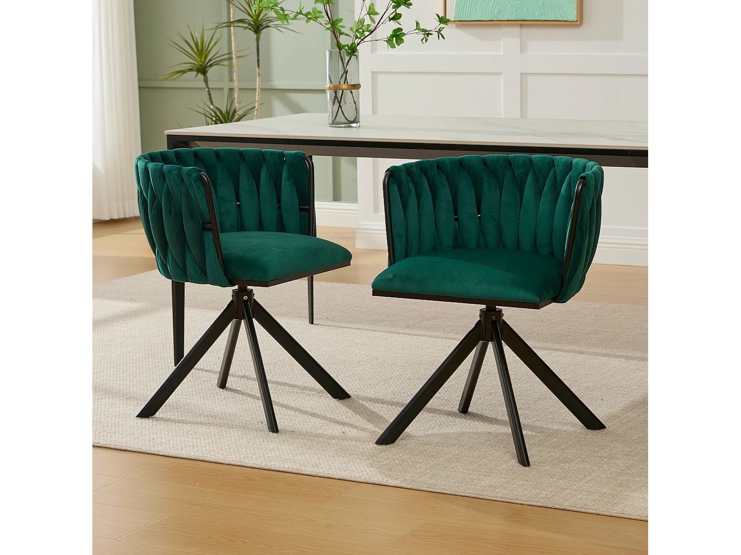 Lot de 2 chaises avec structure en métal - 56 x 50 x 70 cm - rotation à 180°- pieds noirs - velours - vert