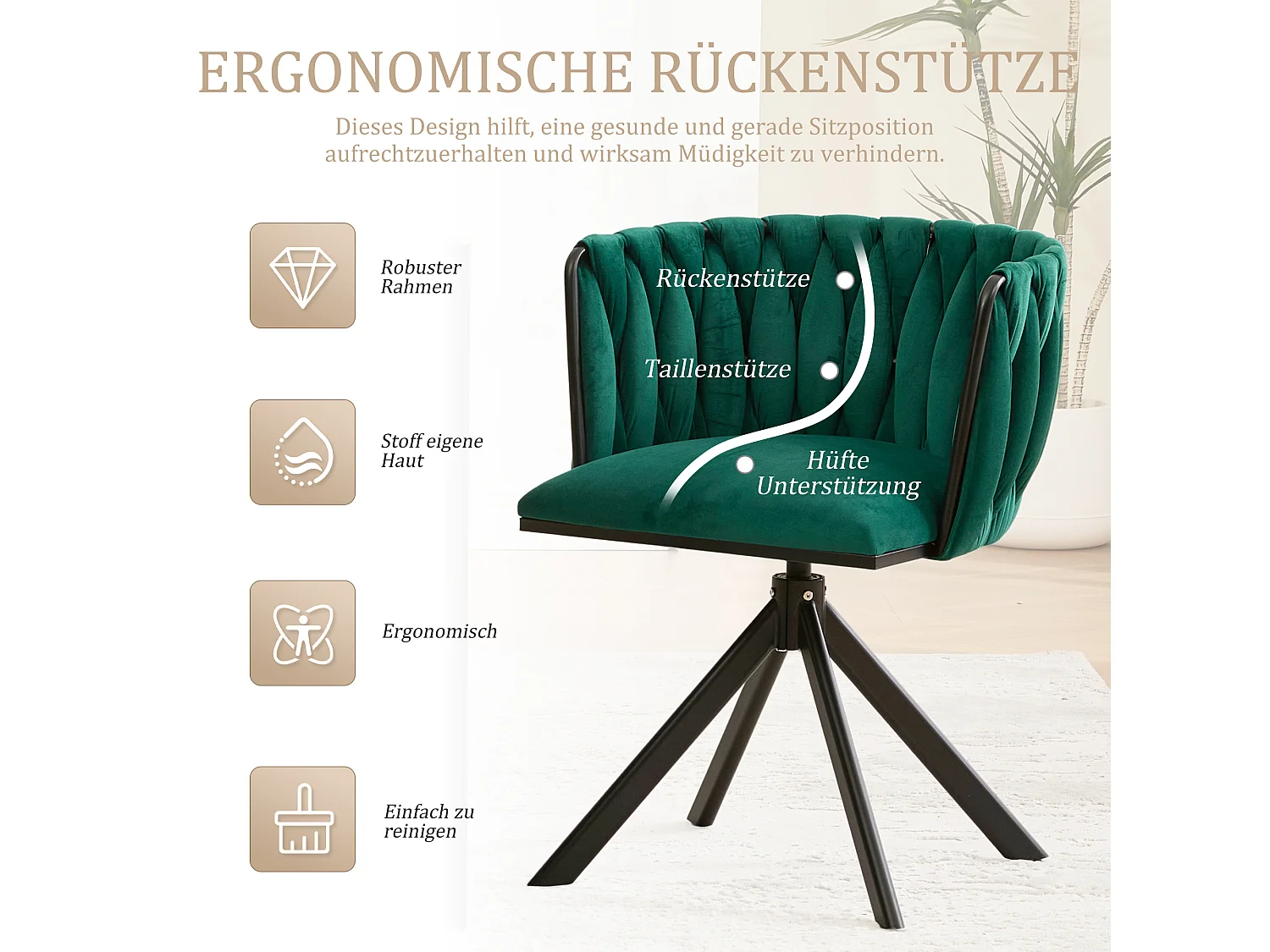 Set di 2 sedie con struttura in metallo - 56 x 50 x 70 cm - rotazione 180° - gambe nere - velluto - verde