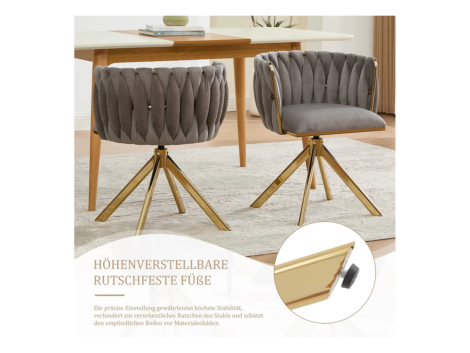 Lot de 2 chaises avec structure en métal - 56 x 50 x 70 cm - rotation à 180°- pieds dorés - velours - gris