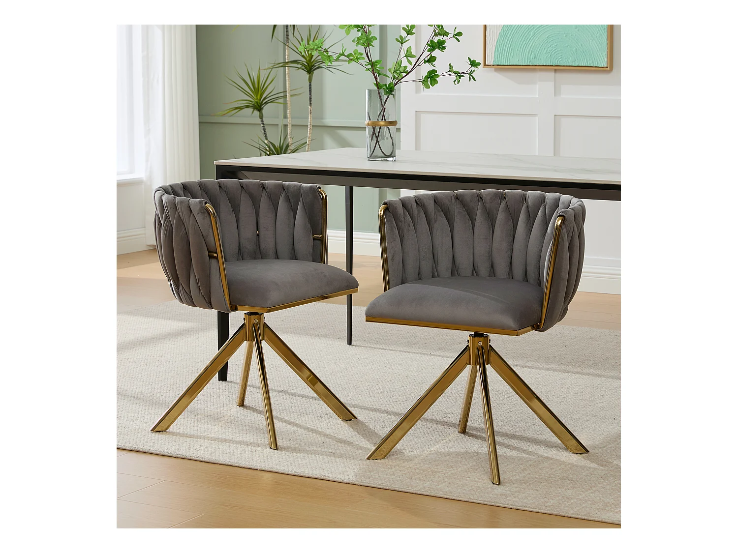 Lot de 2 chaises avec structure en métal - 56 x 50 x 70 cm - rotation à 180°- pieds dorés - velours - gris