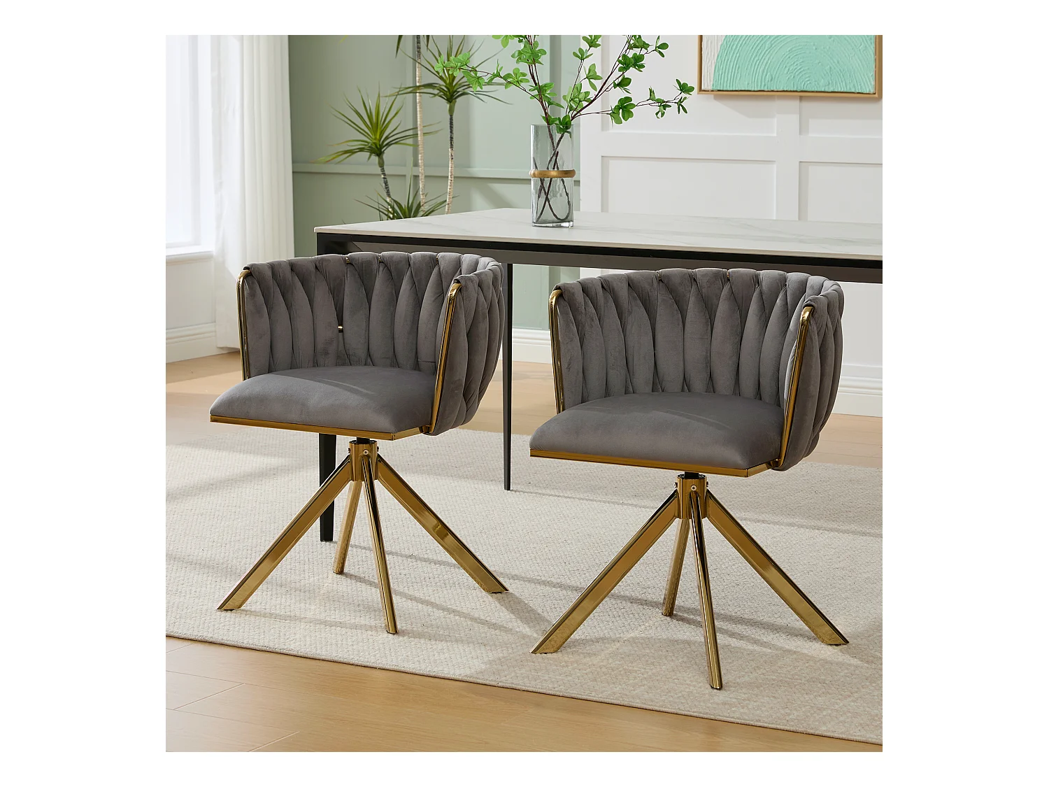 Lot de 2 chaises avec structure en métal - 56 x 50 x 70 cm - rotation à 180°- pieds dorés - velours - gris