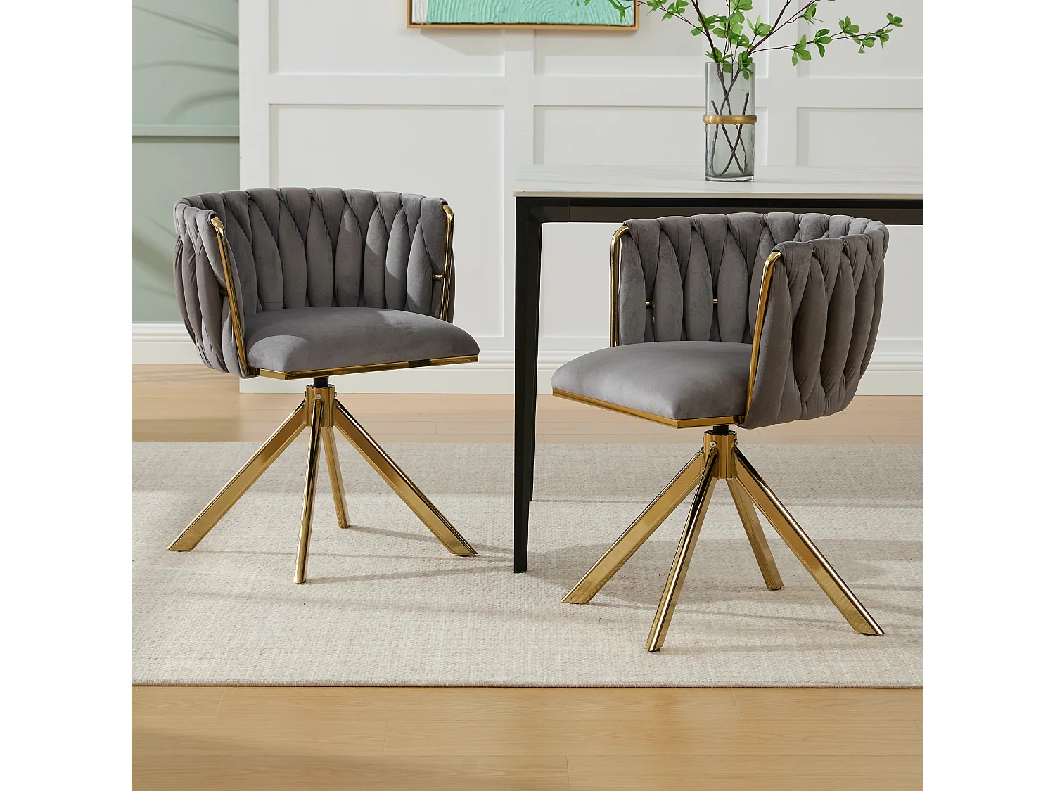 Set di 2 sedie con struttura in metallo - 56 x 50 x 70 cm - rotazione 180° - gambe dorate - velluto - grigio