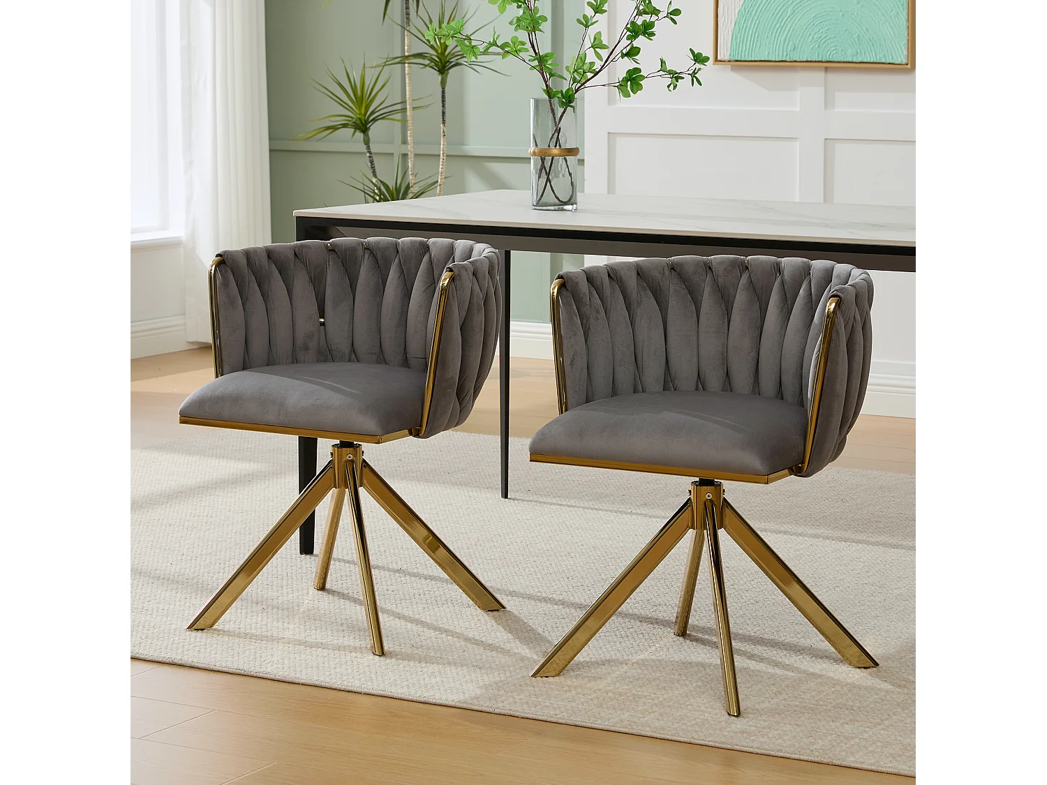 Set di 2 sedie con struttura in metallo - 56 x 50 x 70 cm - rotazione 180° - gambe dorate - velluto - grigio