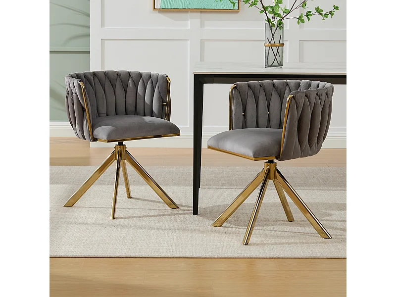 Set van 2 stoelen met metalen frame - 56 x 50 x 70 cm - 180° draaibaar - gouden poten - fluweel - grijs