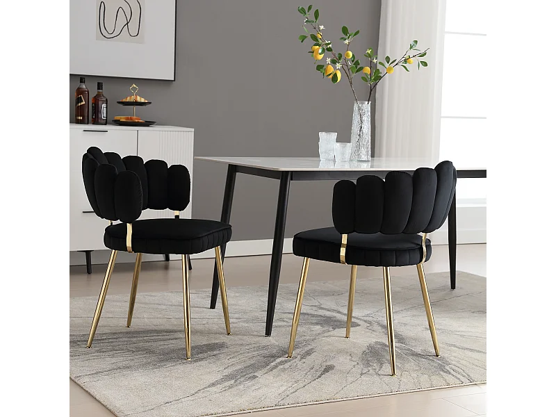 2er Set moderne Stühle - 58 x 56 x 78 cm - mit geblümter Rückenlehne + abgerundeten Armlehnen - Samt - Schwarz