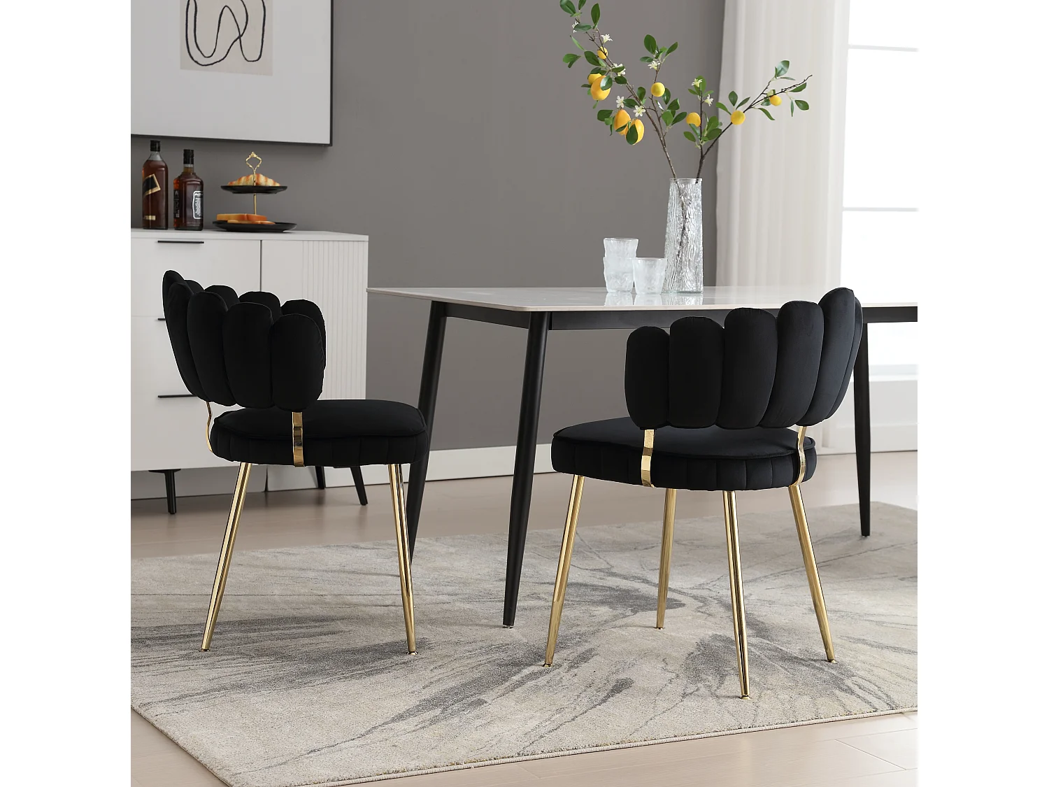 Lot de 2 chaises moderne - 58 x 56 x 78 cm - avec dossier fleuri + accoudoirs arrondis - velours - noir