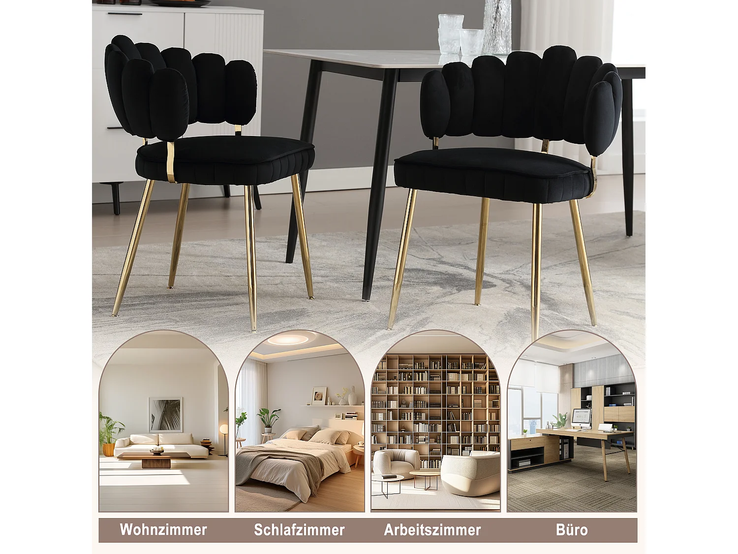 Lot de 2 chaises moderne - 58 x 56 x 78 cm - avec dossier fleuri + accoudoirs arrondis - velours - noir