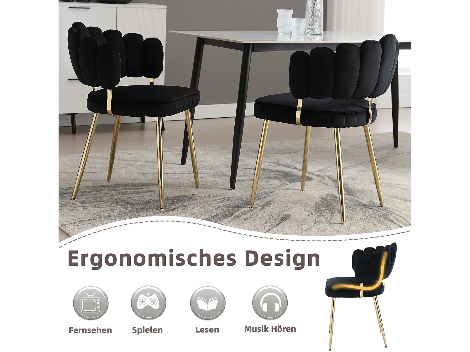Lot de 2 chaises moderne - 58 x 56 x 78 cm - avec dossier fleuri + accoudoirs arrondis - velours - noir