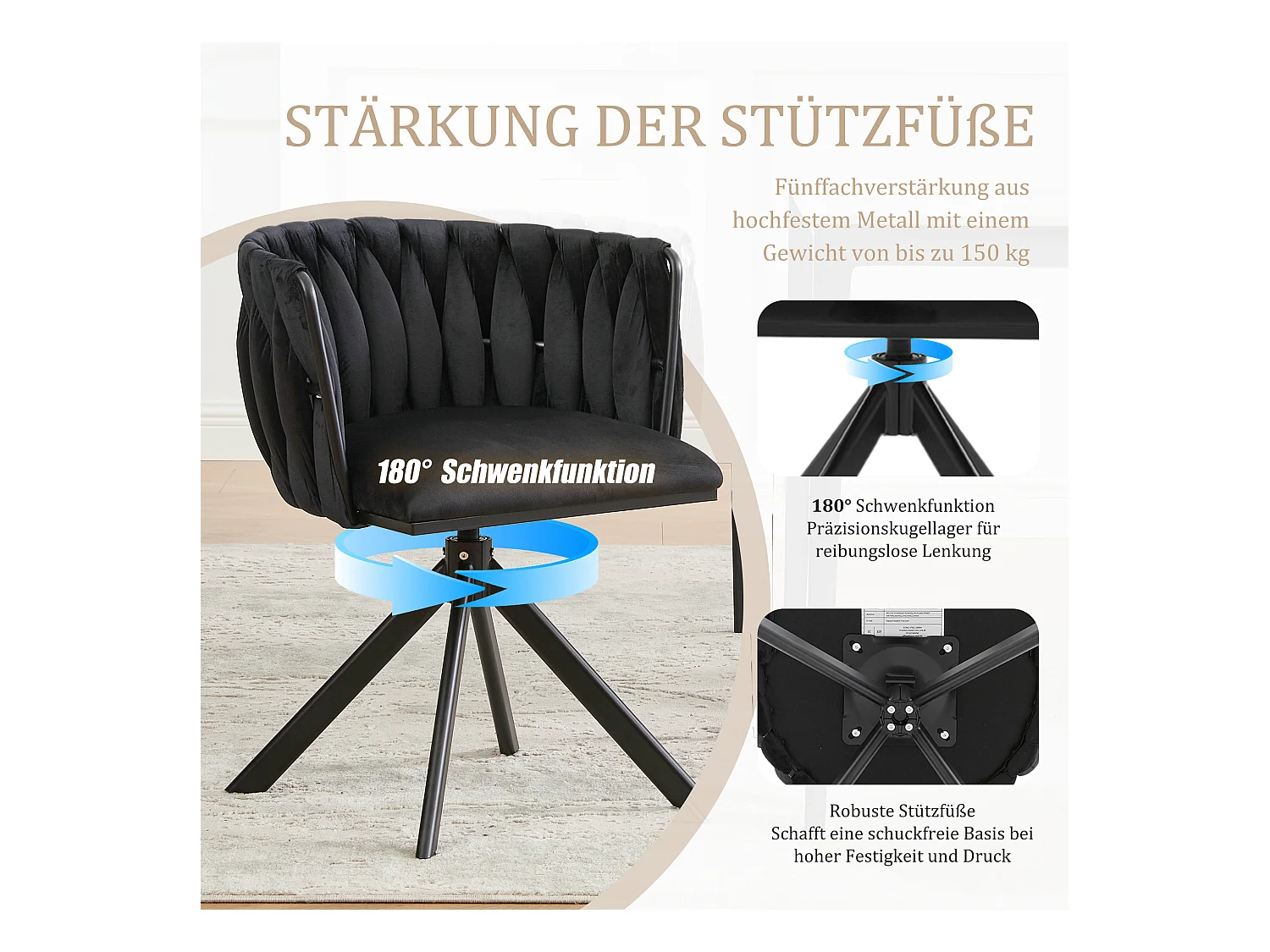 Set van 2 stoelen met metalen frame - 56 x 50 x 70 cm - 180° draaibaar - zwarte poten - fluweel - zwart