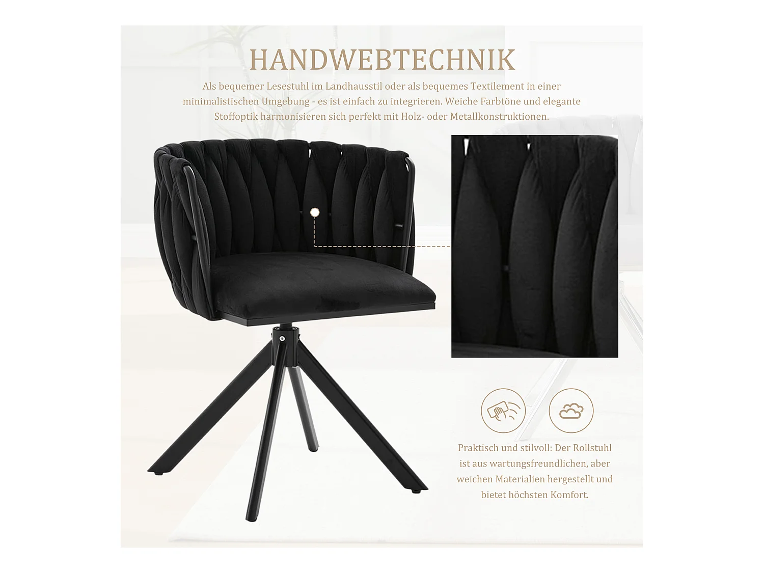 Set van 2 stoelen met metalen frame - 56 x 50 x 70 cm - 180° draaibaar - zwarte poten - fluweel - zwart