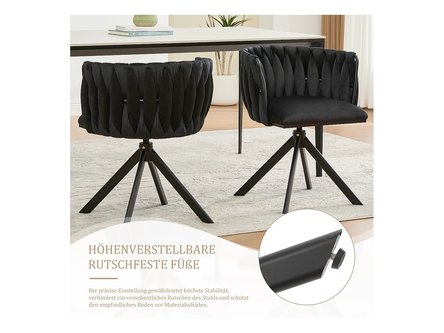 Set van 2 stoelen met metalen frame - 56 x 50 x 70 cm - 180° draaibaar - zwarte poten - fluweel - zwart