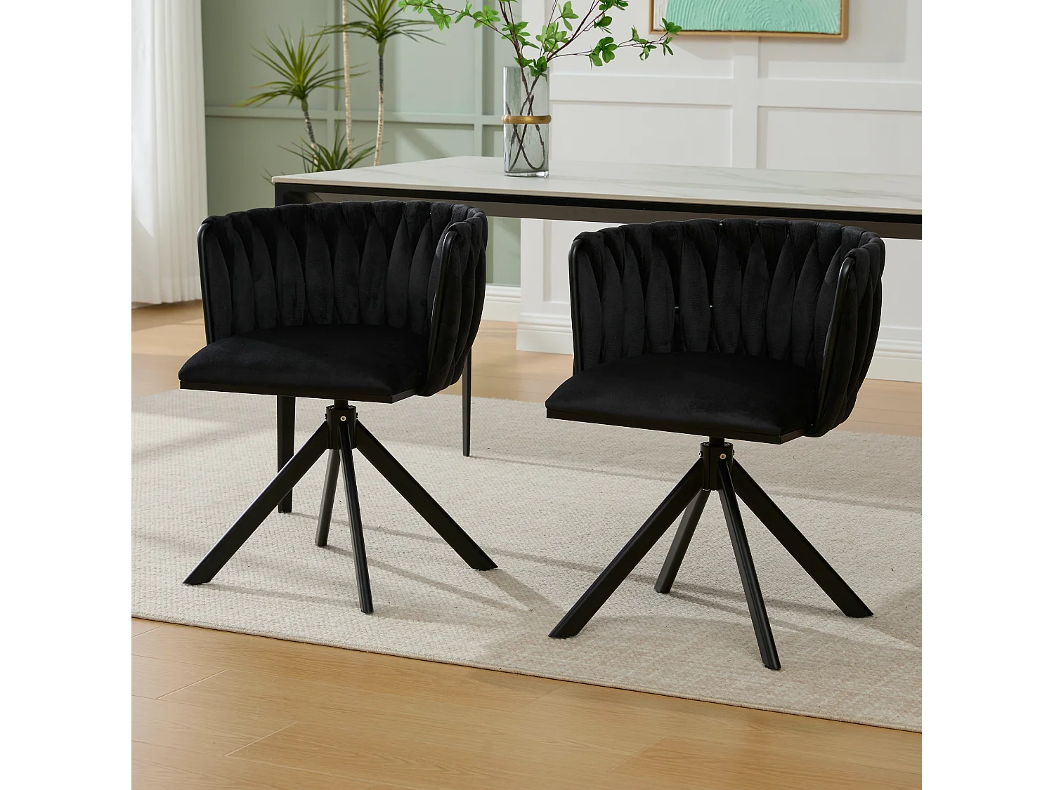 Set van 2 stoelen met metalen frame - 56 x 50 x 70 cm - 180° draaibaar - zwarte poten - fluweel - zwart