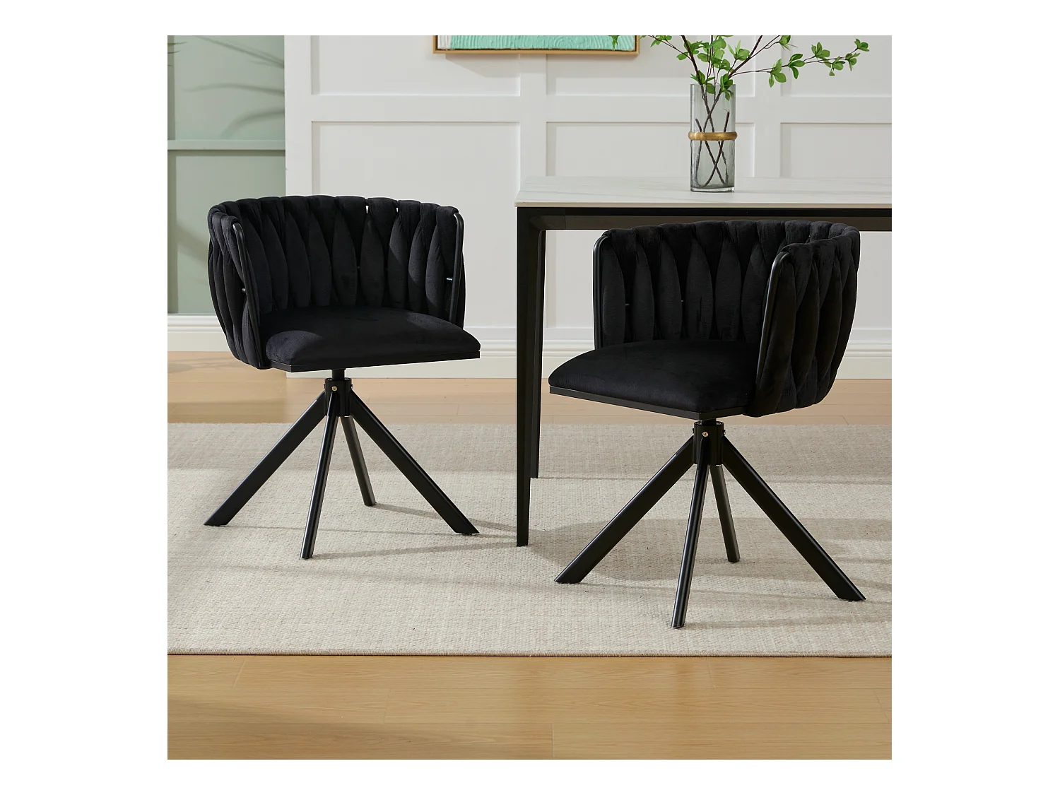 Lot de 2 chaises avec structure en métal - 56 x 50 x 70 cm - rotation à 180°- pieds noirs - velours - noir
