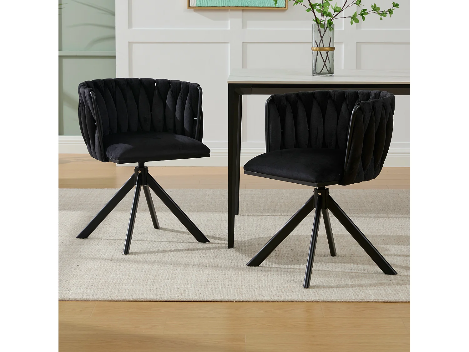 Set di 2 sedie con struttura in metallo - 56 x 50 x 70 cm - rotazione 180° - gambe nere - velluto - nero