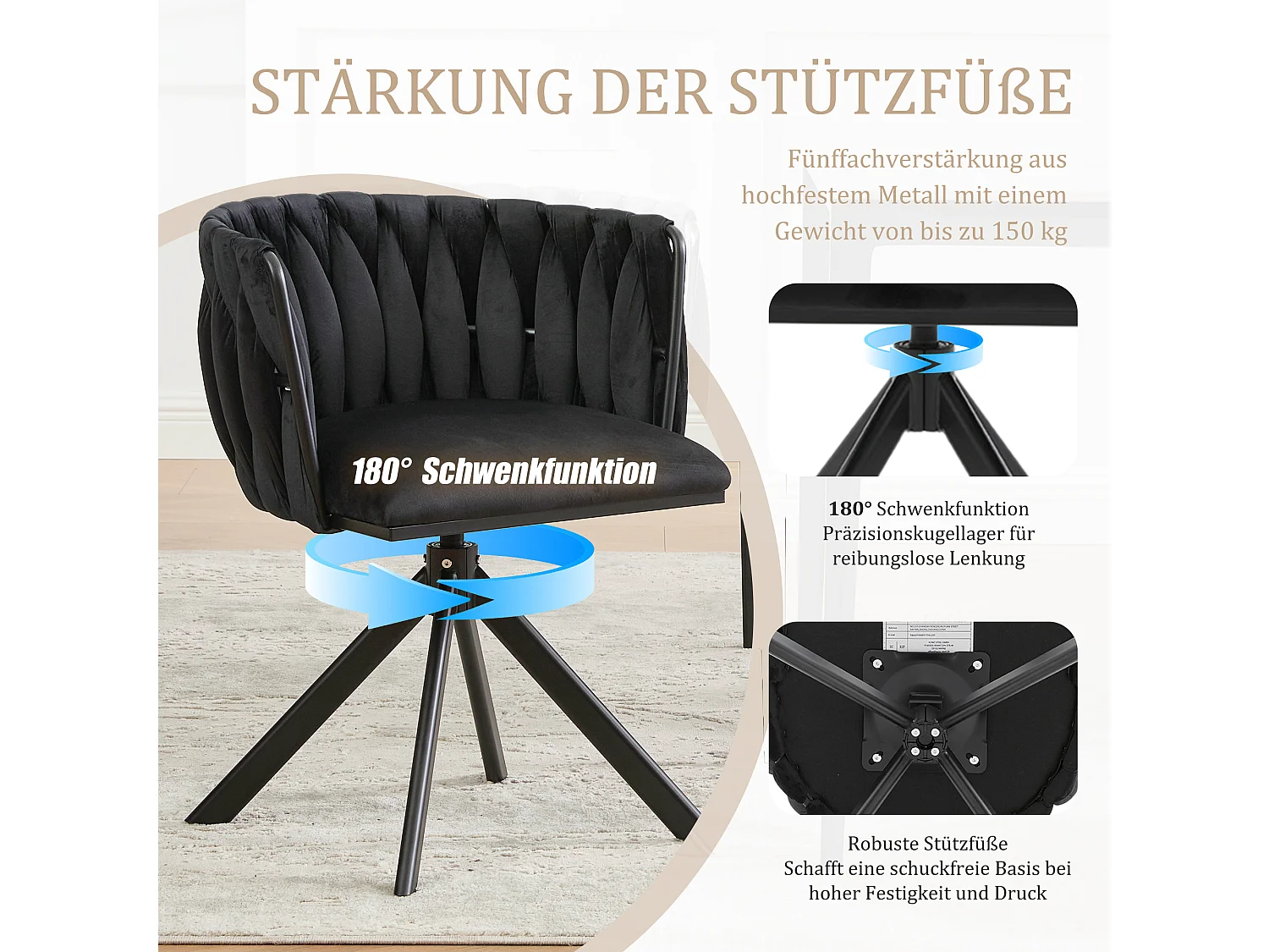 Set di 2 sedie con struttura in metallo - 56 x 50 x 70 cm - rotazione 180° - gambe nere - velluto - nero