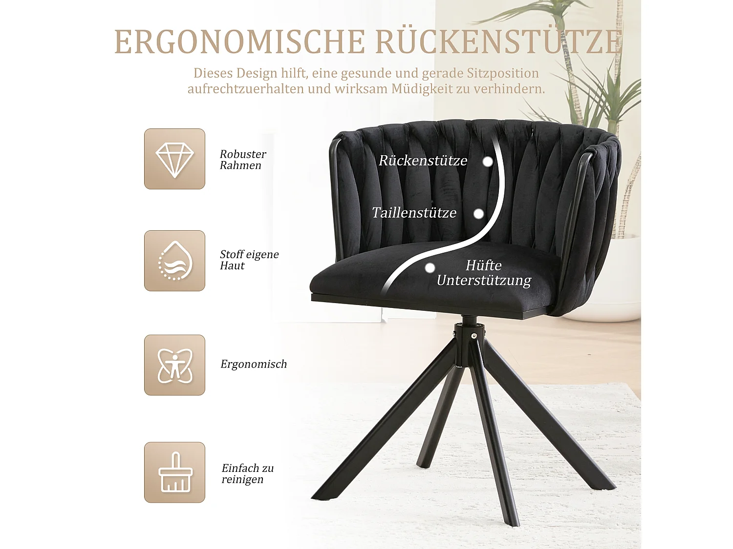 Set di 2 sedie con struttura in metallo - 56 x 50 x 70 cm - rotazione 180° - gambe nere - velluto - nero