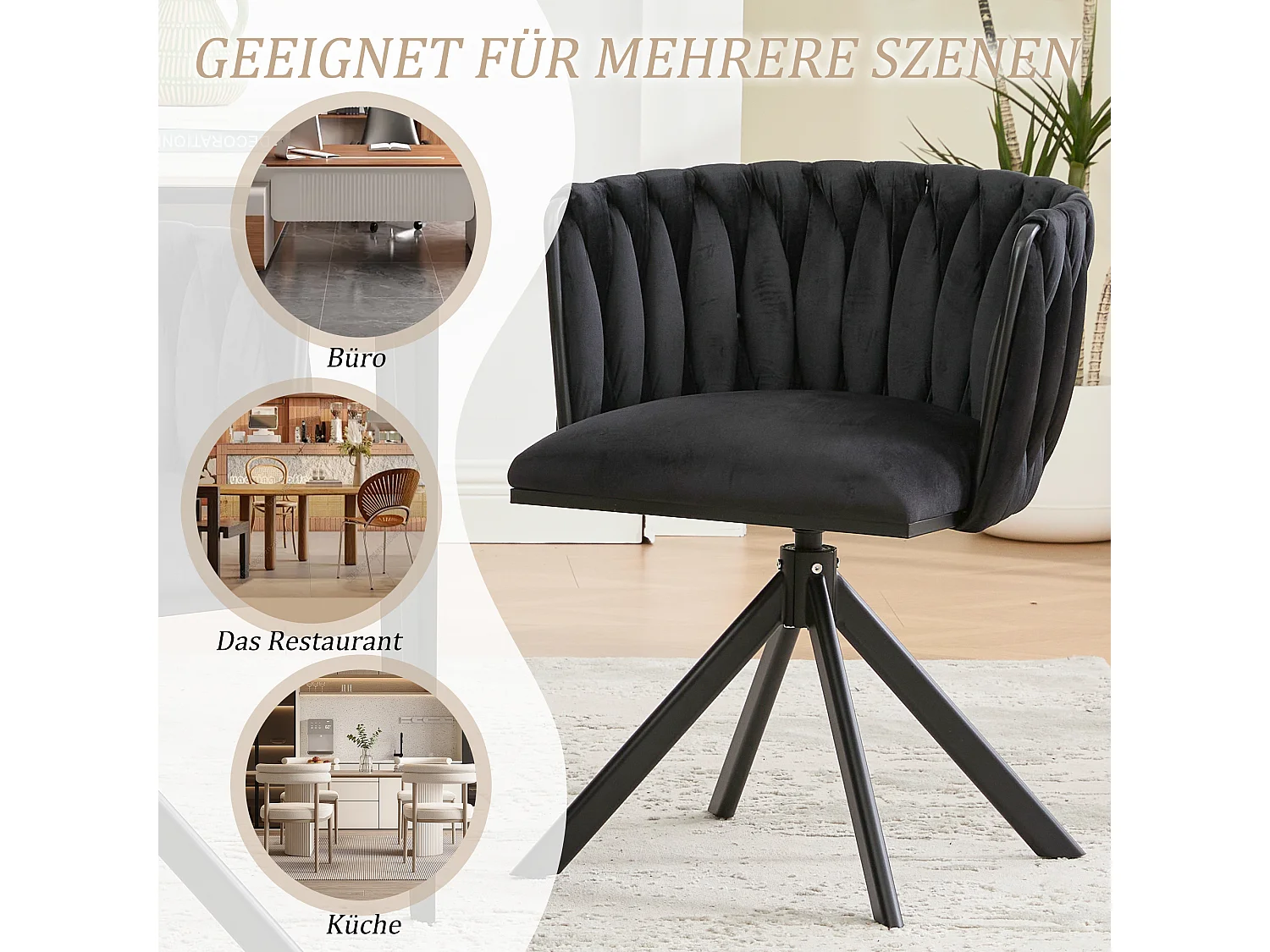 Set di 2 sedie con struttura in metallo - 56 x 50 x 70 cm - rotazione 180° - gambe nere - velluto - nero