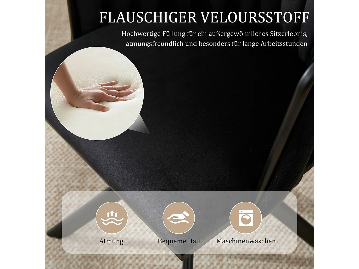 Set di 2 sedie con struttura in metallo - 56 x 50 x 70 cm - rotazione 180° - gambe nere - velluto - nero