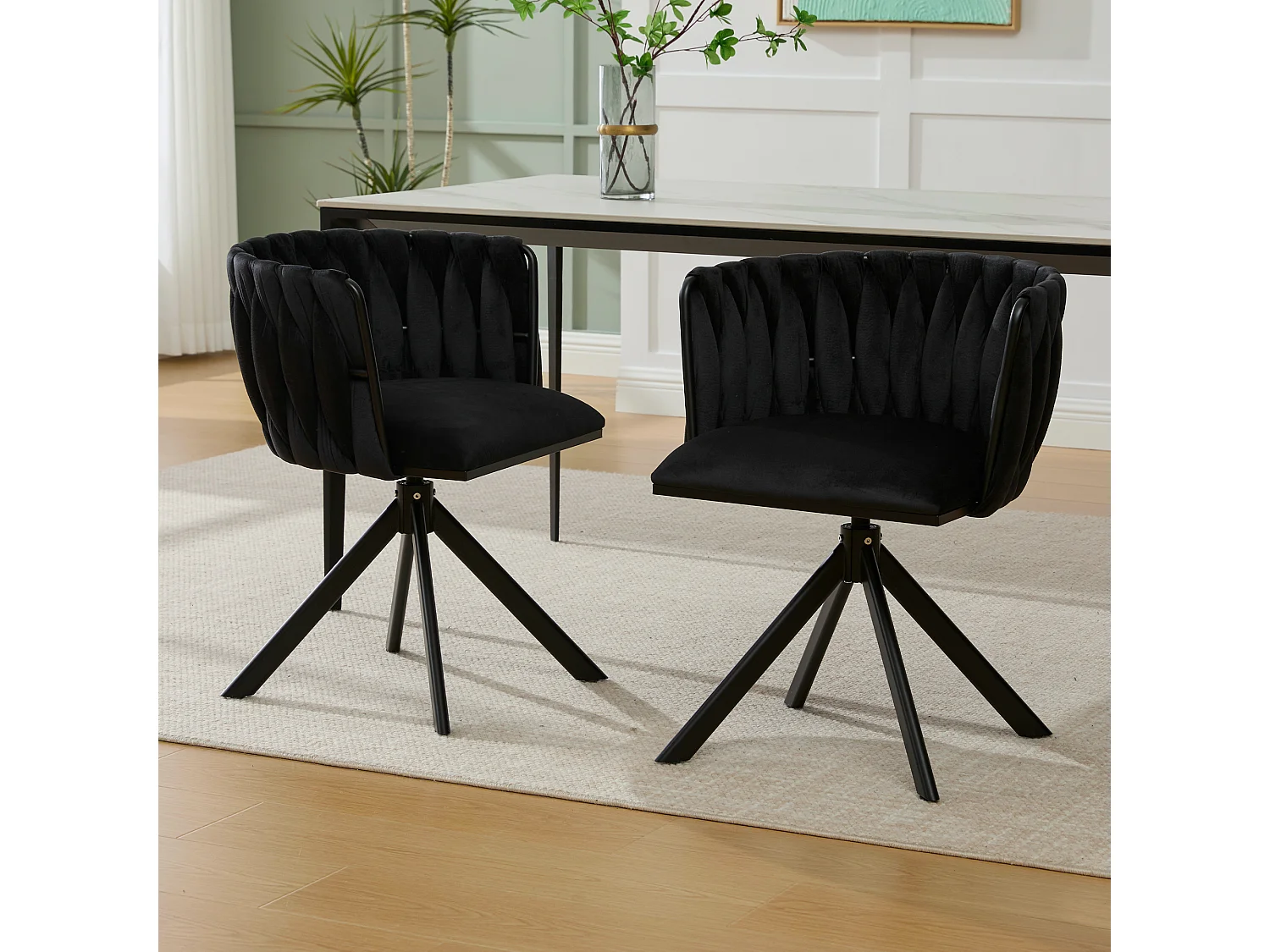 Set di 2 sedie con struttura in metallo - 56 x 50 x 70 cm - rotazione 180° - gambe nere - velluto - nero