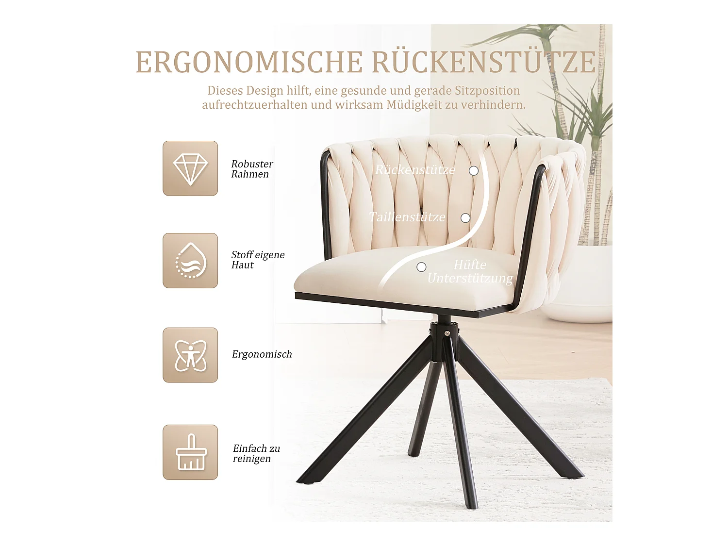 Lot de 2 chaises avec structure en métal - 56 x 50 x 70 cm - rotation à 180°- pieds noirs - velours - ivoire