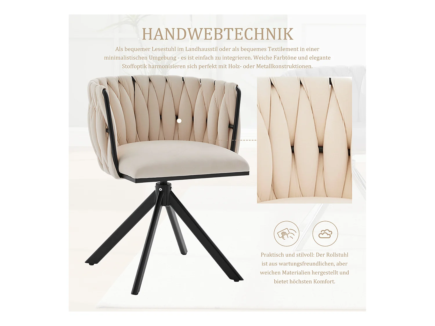 Lot de 2 chaises avec structure en métal - 56 x 50 x 70 cm - rotation à 180°- pieds noirs - velours - ivoire