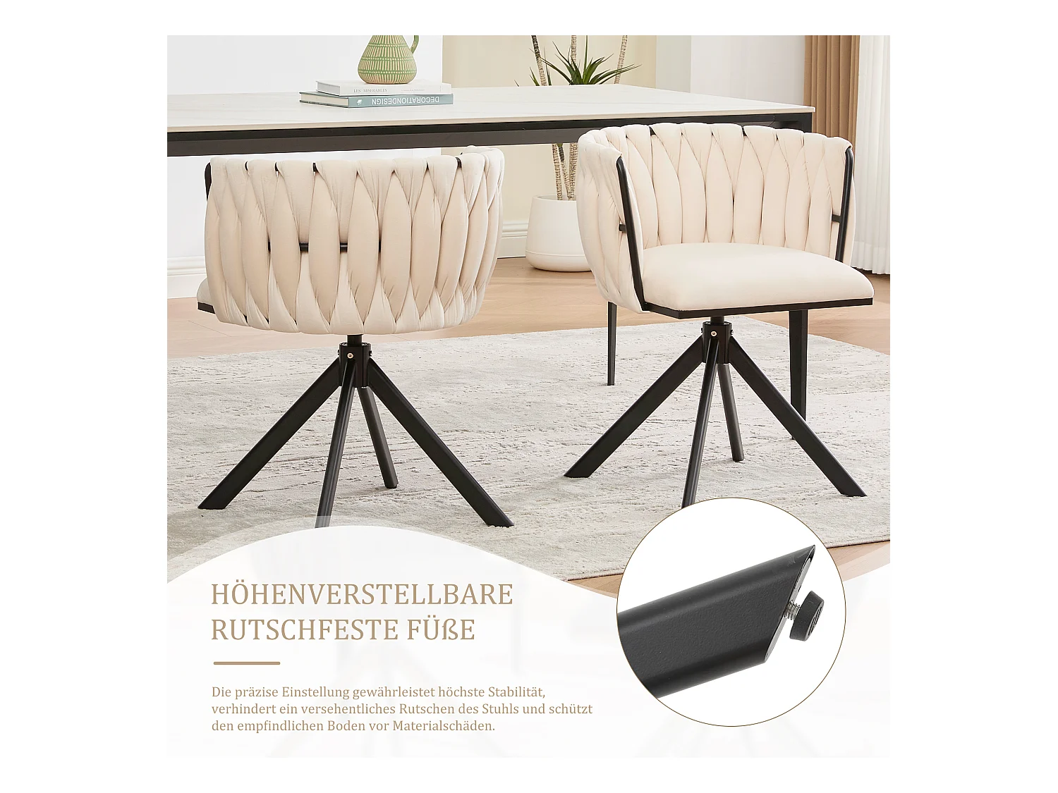 Lot de 2 chaises avec structure en métal - 56 x 50 x 70 cm - rotation à 180°- pieds noirs - velours - ivoire