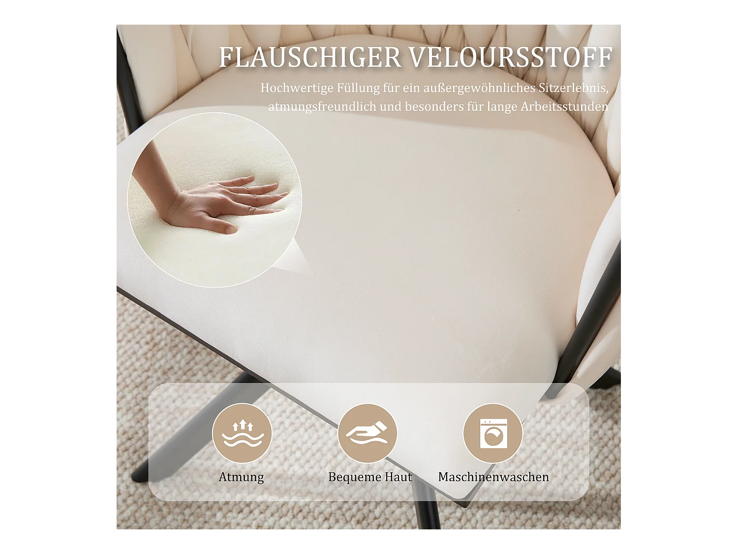 Lot de 2 chaises avec structure en métal - 56 x 50 x 70 cm - rotation à 180°- pieds noirs - velours - ivoire