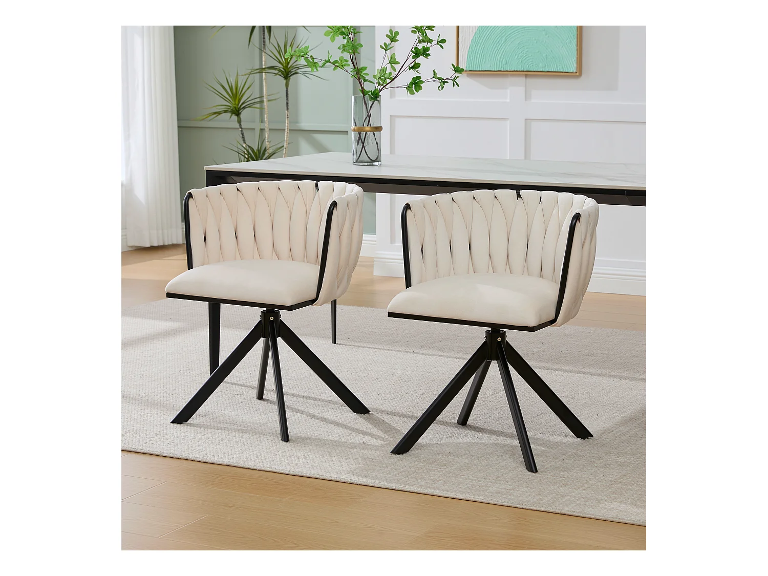 Lot de 2 chaises avec structure en métal - 56 x 50 x 70 cm - rotation à 180°- pieds noirs - velours - ivoire